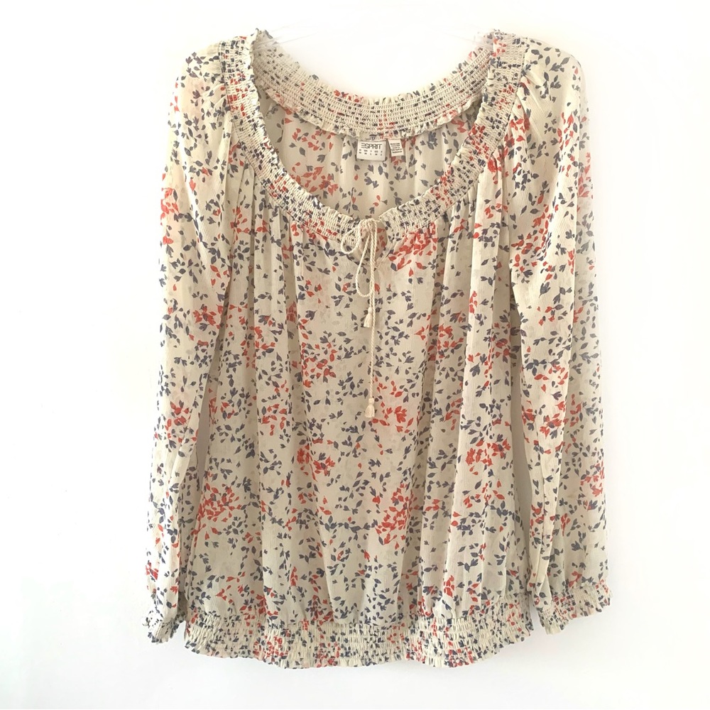 Esprit Peasant Boho Sheer Tie Neck Blouse/Top Sz M